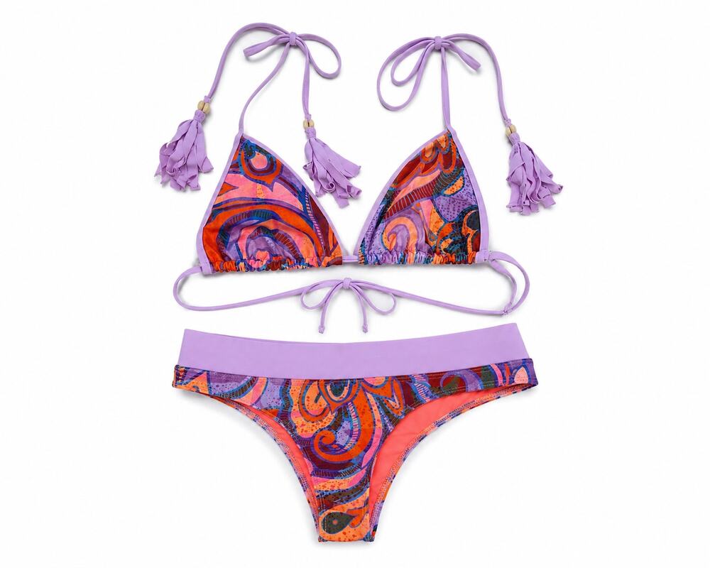 DaKine Honey Tassel Bikini Set Purple Orange Paisley Triangle Top Cheeky Bottoms
